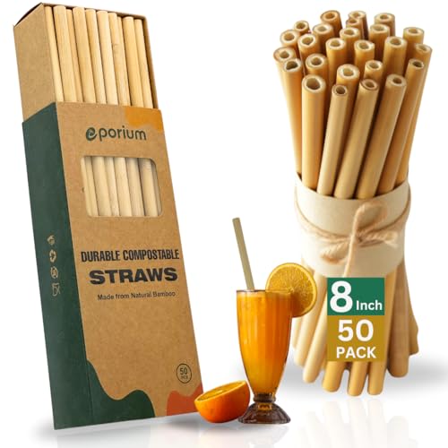 Eco-Friendly 8 Inch Bamboo Straws – 50 Pack Reusable Organic