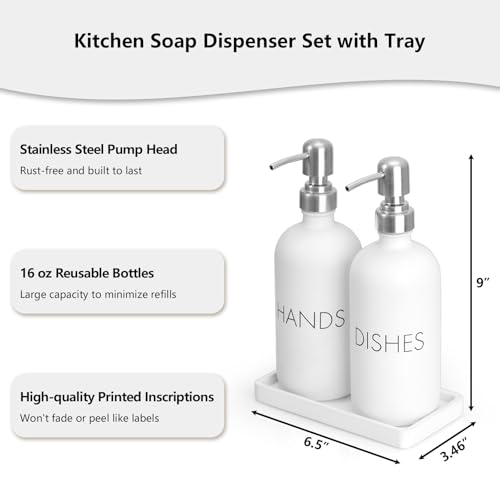 White Dish and Hand Soap Dispenser Set - Glass Kitchen Soap Dispenser with Tray and Stainless Steel Pump - for White Kitchen Decor and Accessories by GCWSTJK - Image 2