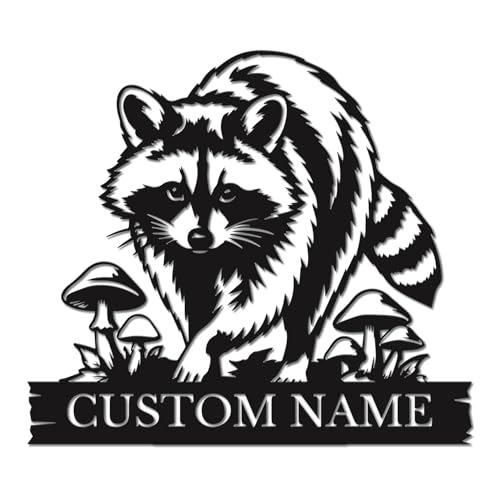 Image of Herbraa Personalized Raccoon Metal Wall Art with Custom Name, Rustic Woodland Animal Decor for Cabin, Nursery, or Garden Patio (Style-15)
