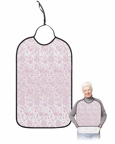 LEOKOTI Pink Purple Botanical Adult Bibs for Eating, Waterproof Bibs with Food Catcher & Adjustable Snap Closure, Summer Floral Modern Vintage Art Washable Clothing Protectors Adult Bibs for Elderly