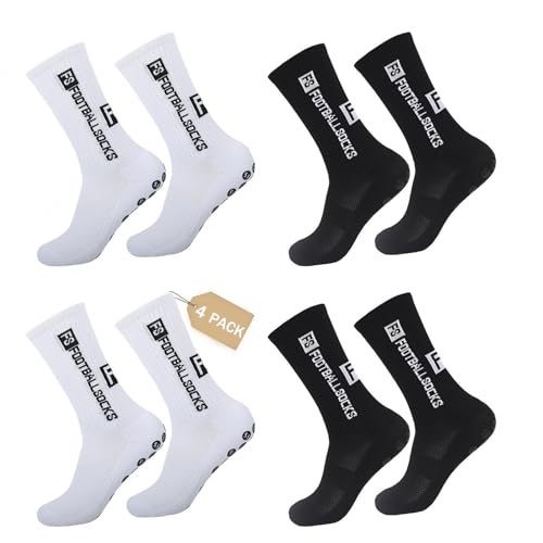 Nnicorns 4 Pairs FS Calzettoni Calcio Uomo, Grip Calze Antiscivolo Uomo, 39-46 Traspiranti Calzini Antiscivolo Calcio da Basket, Running, Ciclismo e Tennis Calcio Accessori(2Bianco+2Nero)