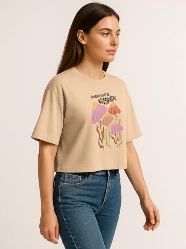 Image of HELLCAT Beige Printed Loose Fit Crew-Neck Crop T-Shirt for Women
