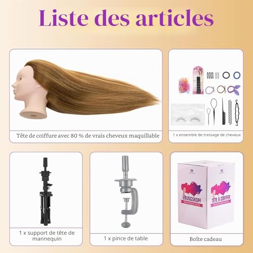 28" Tete a Coiffer Professionnelle avec Support 80% Cheveux Naturel – vue 9