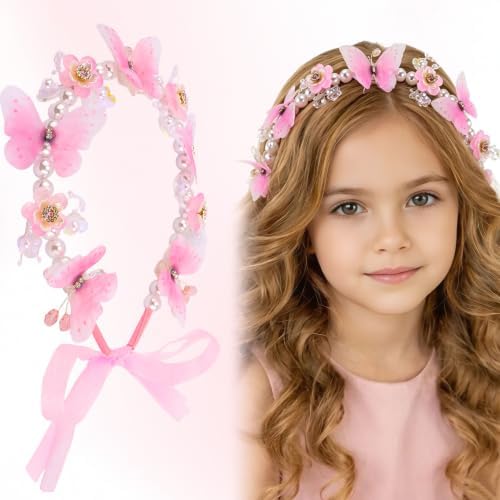 Srotmirw Butterfly Flower Pearl Hairband for Girls Women, Pink Fairy Headband, Exquisite Wedding Headpiece, Rotating Accessories, Suitable For Parties, Birthdays, Garden and Cosplaying Accessories