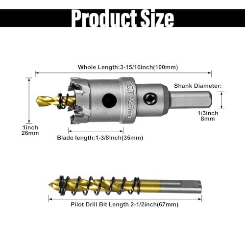 Image of SALI 1 inch (26mm) TCT Hole Saw Kit Tungsten Carbide Tipped Hole Saw Drill Bit with Titanium-Plated Pilot Drill bit for Metal, Stainless Steel, Iron, Wood, Plastic 2pcs