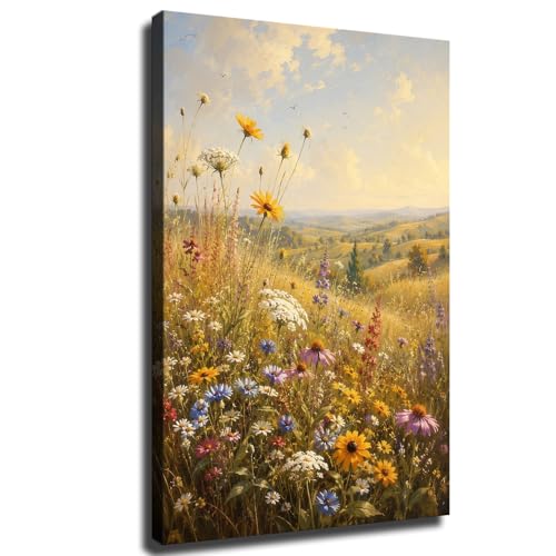 Sunlit Wildflower Meadow Canvas Art, Rustic Spring Field Wall Decor,