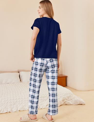 Image of Ekouaer Pajama Sets for Women Round Neck Pjs Short Sleeve Sleepwear with Long Pants Loose Lounge Sets