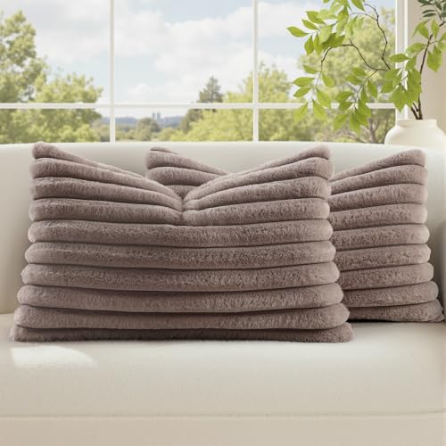 Image of decorUhome Fall Cozy Faux Fur Throw Pillow Covers 12x20 Set of 2 Decorative Soft Plush Striped Lumbar Modern Farmhouse Boho Couch Pillow Cases with Velvet Back for Sofa Bed Living Room, Light Coffee