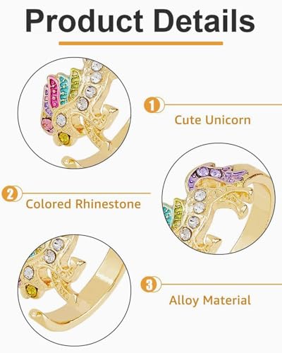 WUNZILO 1 Stück Regenbogen Einhorn Ring mit Strass Einstellbare Öffnung Cartoon Einhorn Mädchen Ring (Gold)