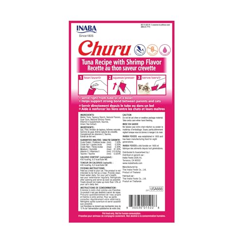 Image of INABA Churu Cat Treats, Grain-Free, Lickable, Squeezable Creamy Puree Cat Treat /Topper with Vitamin E & Taurine, 0.5 Ounces Each Tube, 24 Tubes (4 per Pack), Tuna Recipe with Shrimp Flavor