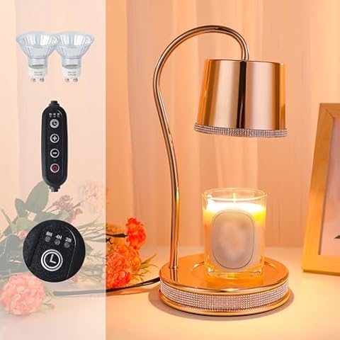 Hanjue Candle Warmer Lamp with Timer, Dimmable Electric Candle Warmer for Scented Jar/Wax Candles, Modern Candle Warmer Lamp with 2 Bulbs (Gold) Cover