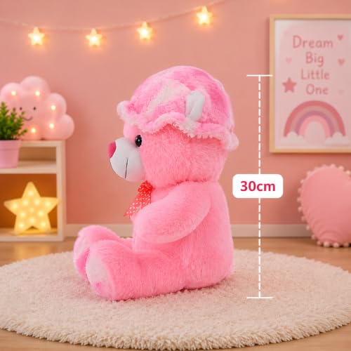 Image of GOLDENHUB Teddy Bear 30 CM Sitting with Cap Pink, Soft Toys, Sweet Expression, Red Color Teddy Bear for Unisex Kinds, for Wedding, Perfect for Snuggles and Imaginative Play