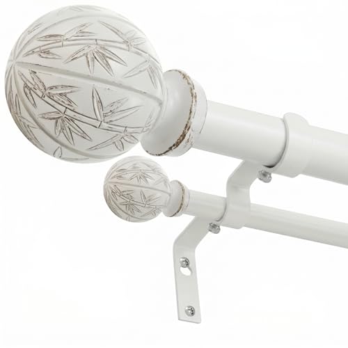 Double Curtain Rods for Windows 72 to 144 Inches, 1-inch DiameterHeavy-duty Adjustable Double Curtain Rods with Bamboo Leaf Carved Finials - for Bedrooms and Living Rooms,Weathered White