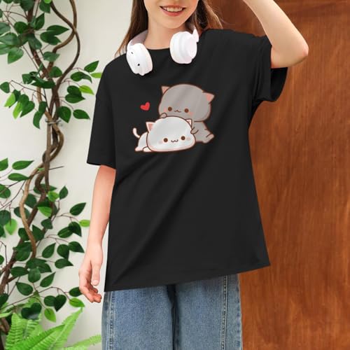 Image of KEEVICI Cute Cat Shirts for Girls Graphic Tees Kids Kawaii Cartoon Animal Print T Shirt Summer Cotton Short Sleeve Tops