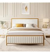 Vecelo bed frame 140 x 200 cm, metal double bed with padded headboard and footboard, bed
