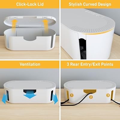 D-Line Cable Management Box, Power Strip Holder, Floor Outlet Hider, Desk Cord Organizer, Cover TV Wires, 12.75 (L) x 5 (W) x 4.5 (H), for use with Power Strips up to 10.5in Length - Small, White