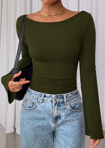 PRETTYGARDEN Womens Bell Long Sleeve Ribbed Knit Tops,Army Green,XS — view 3