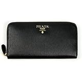 Prada Womens Vitello Move Nero Black Leather Zip Around Long Wallet Gold Triangle Logo