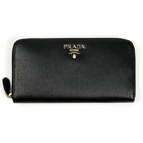 Prada Womens Vitello Move Nero Black Leather Zip Around Long Wallet Gold Triangle Logo