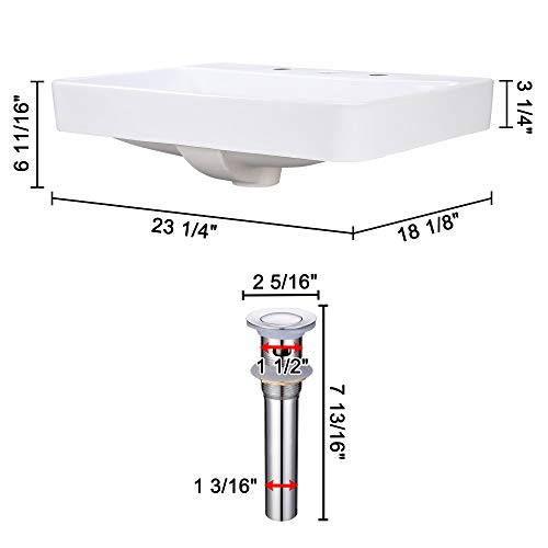 Aquaterior 23\" Rectangle Drop in Bathroom Sink White Ceramic Above Counter Semi Recessed Vessel Sink with Pop Up Drain