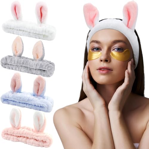 AHONEY Bunny Ears Headband, 4Pcs Skin Care Headbadns Fuzzy Headband for Washing Face Kawaii Makeup Cute Headbands Coral Fleece Elastic Hair Band Easter Bunnies Cosmetic