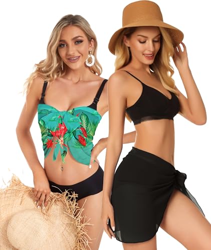 Image of CHICGAL 2 Pieces Women Beach Sarong Bathing Suit Wrap Skirt Sheer Bikini Swimsuit Cover Ups for Swimwear