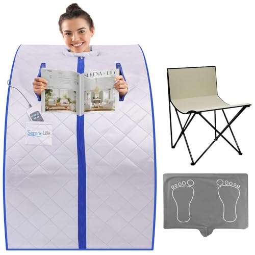 SereneLife Sauna, Mini Sauna, Dampfsauna für Zuhause, Infrarot Sauna für Zuhause, Portable Sauna, inklusive Saunastuhl und Fuß- Infrarotmatte