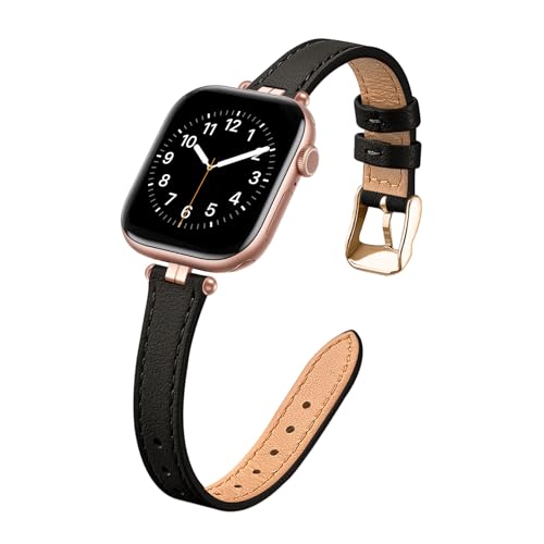 STIROLL Thin Leather Band Compatible with Apple Watch Bands 41mm 40mm 38mm 42mm(Series 11 10) Women, Stylish Top-Grain Leather Strap Slim Wristband for iWatch SE3/2/1 Series 9 8 7 6 5 4 3 2 1, Black/Rose Gold by STIROLL - Used condition - US$15.21