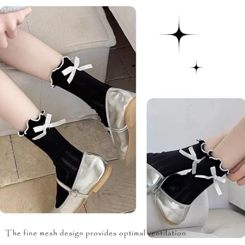 Image of Women's Ruffle Sock Frilly Lettuce Edge Socks For Girl Cute Cotton Crew Slouchy Socks Womens Bow Crew Sock