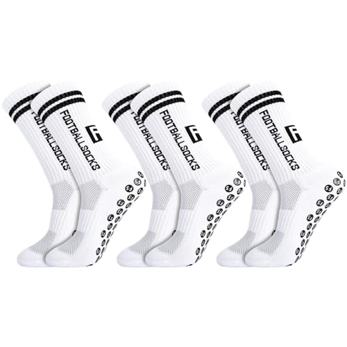 Apricitie 3 Paare Fussball Socken Kinder Fußballsocken Anti Rutsch Grip Jungen Fußball Socken Rutschfeste Sportsocken für Fussball Basketball Laufen Rugby Tennis(L, Weiß)