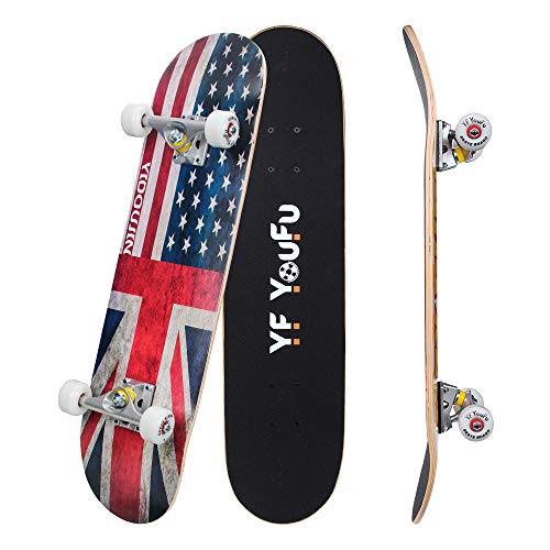 YF YOUFU Complete Skateboards, 31 inch Pro Skateboard for Boys/Girls/Youth/Adults, Tricks Skate Board for Beginners & Pro, Double Kick 7 Layer Canadian Maple Wood Concave Skateboard