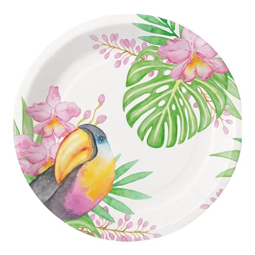 Image of Potluck Tropical Toucan Disposable Paper Plates, 9 Inch Food Grade Tableware for Parties, Events, Snacks & Meal Serving Pack