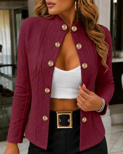 Image of CHICME Women's Argyle Cable Knit Cropped Jacket | Metal Button Front, Stand Collar Detail, Lightweight Cardigan Style, Long Sleeve Design, Fall Layering, Casual Office Wear