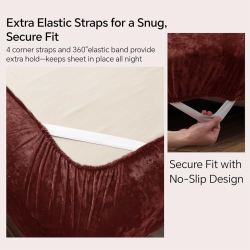 Image of BEDELITE Velvet Fitted Sheet and Pillowcase Set 3Pcs, Full, Burgundy | Double-Sided Plush Bottom Sheet, Luxuriously Soft & Warm, 360 Elastic & Corner Straps, 15 Inch Deep Pocket, Machine Washable