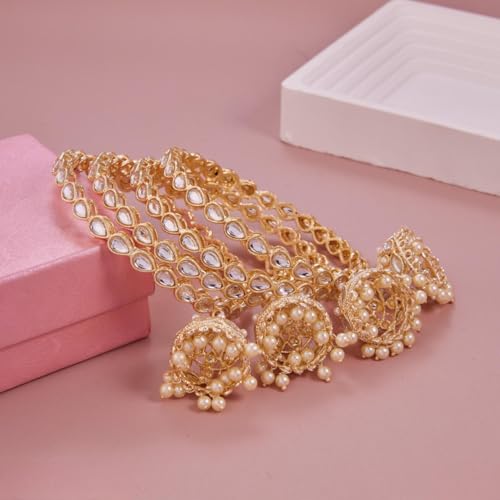 Image of Gold Plated Kundan Bangle Set for Women | Teardrop Stone Bangles with Pearl Beaded Latkan Charm Ethnic Wedding Jewellery | Bangle Set of 4 for Women & Girls