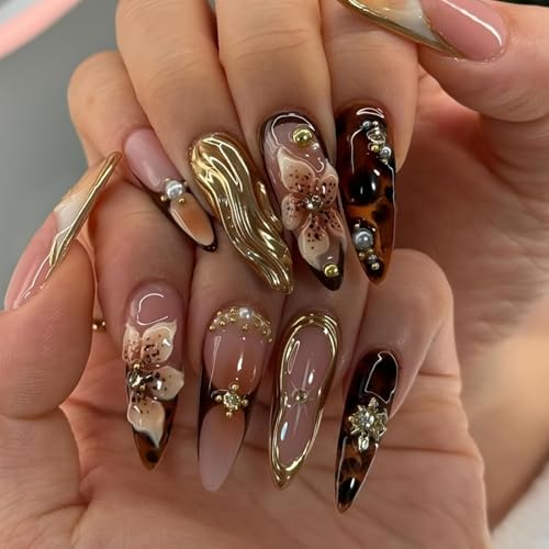 Long Press on Nails Almond Fake Nails Brown False Nails Flowers Artificial Nails with Gold Charm...