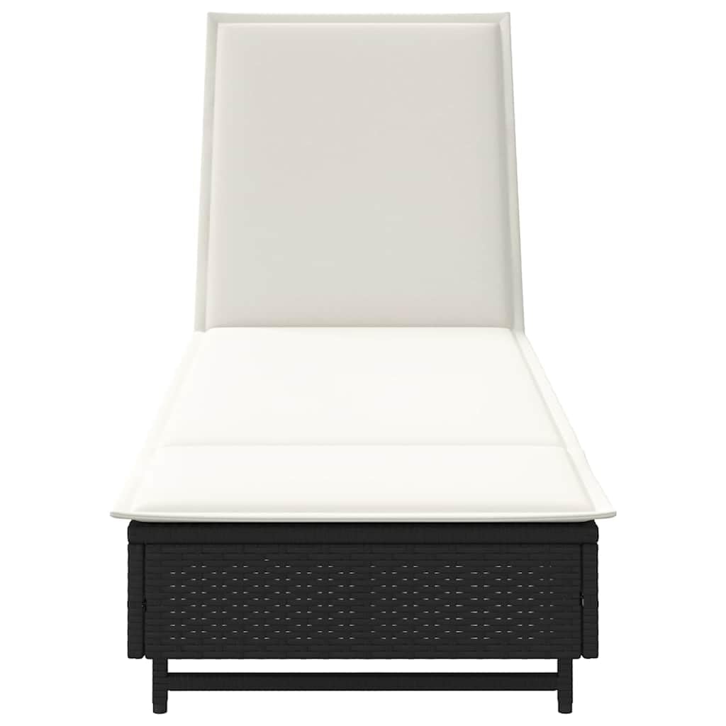 Lettino prendisole con ruote e cuscino nero, in polyrattan, schienale regolabile, con schienale regolabile in 3 posizioni, con cuscino e cuscino imbottito spesso