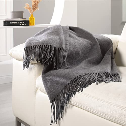 Feine Kaschmir-Wolldecke - 80 % Kaschmir - warme Wohn- & Kuscheldecke für Sofa und Bett - besonders Flauschiger Überwurf - Tagesdecke 100 x 200 cm, Grau Cover
