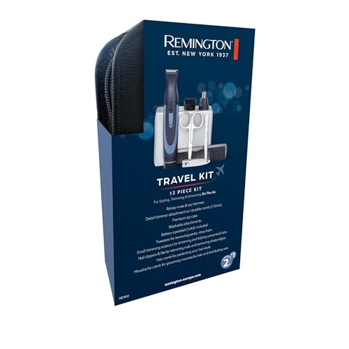Remington NE3890 Kit de voyage hygiénique dans un étui [13 pièces : pour cheveux & manucure/pédicure, etc.] Tondeuse à barbe, tondeuse à poils du nez, tondeuse oreilles et sourcils, coupe-ongles et
