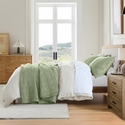 HORIMOTE HOME 100% Cotton Quilt Set King Size, Sage Green Pre-Washed Bedspreads Coverlet Set in Geometric Pattern, Cozy Lightweight Stitching Decorative Bedding Cover with 2 Shams for All Season by HORIMOTE HOME - Used condition - Image 5