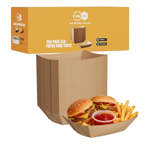 Turbo Bee Disposable Paper Food Trays 3lb, 250 Pack Large Brown Paper Boats - Heavy Duty for Large Nachos, BBQ Ribs, Family Fries, Tacos - Ideal for Party Hosts, Sports Fans, Carnivals