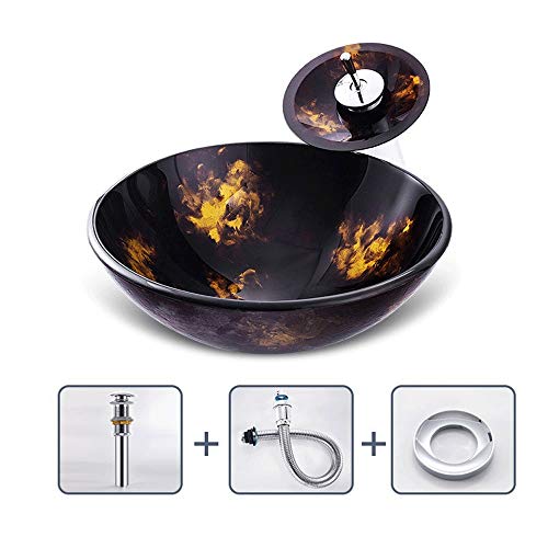 Lavabo sobre encimera Slivy Pintado a Mano, de Vidrio Templado, Creativo, Redondo, artístico, con Grifo en Cascada y desagüe emergente, 42 cm