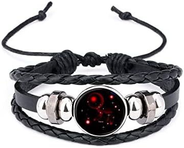 Zodiac Black Leather Bracelet for Men, 12 Constellation Black Bracelet for Women, Adjustable Protection Bracelet for Good Luck, Blessing(Cancer)