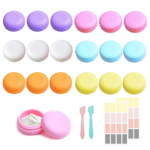 Lot de 18 pots cosmétiques réutilisables de 10 ml pour la crème visage, crème yeux, rouge à lèvres, 6 pots distributeurs macarons couleurs avec cuillères