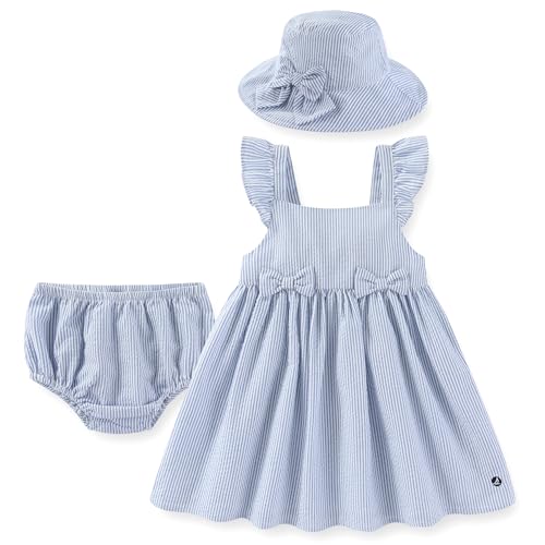 Sperry Baby Girls Seersucker Woven Dress with Panty and Sun Hat 3 Piece Outfit Set for Newborn Infant Blue