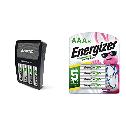 Energizer Rechargeable AA and AAA Battery Charger (Recharge Value) & Rechargeable AAA Batteries, 700 mAh NiMH, Pre-Charged, Chargeable for 1,000 Cycles, 8 Count (Recharge Universal)
