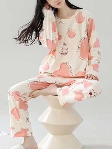Image of GLASGO Women's Cotton Pajama Set with Top & Pants|| Korean Night Wear|| Loose Fit Home Wear || Lightweight Printed Set || Soft & Comfy Sleepwear for Girls & Women || LNS-4-$