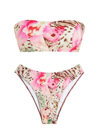 Image of ZAFUL Womens 3pcs Bikini Swimsuits Bandeau 3 Piece Swimwear High Cut Bikini Sets with Long Sheer Coverup Dress