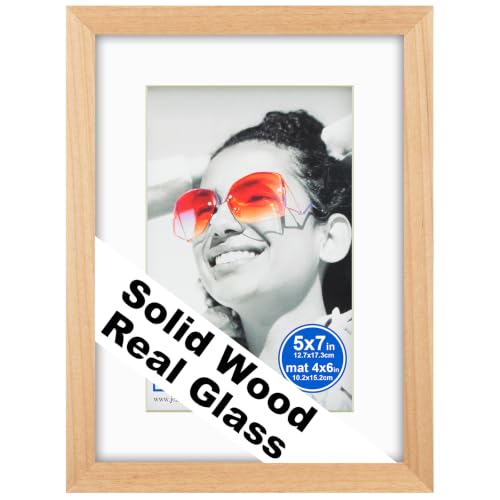 RPJC 5x7 (4x6 with Mat) Solid Wood Picture Frame Real Glass Cover Natural