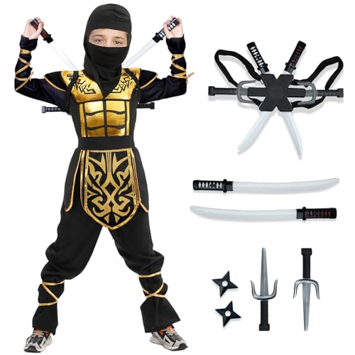Digi Kids Halloween Ninja Costume For Boys,Golden Ninja Costume Set With Ninja Toys,Halloween Costumes For Kids 4-12T cover